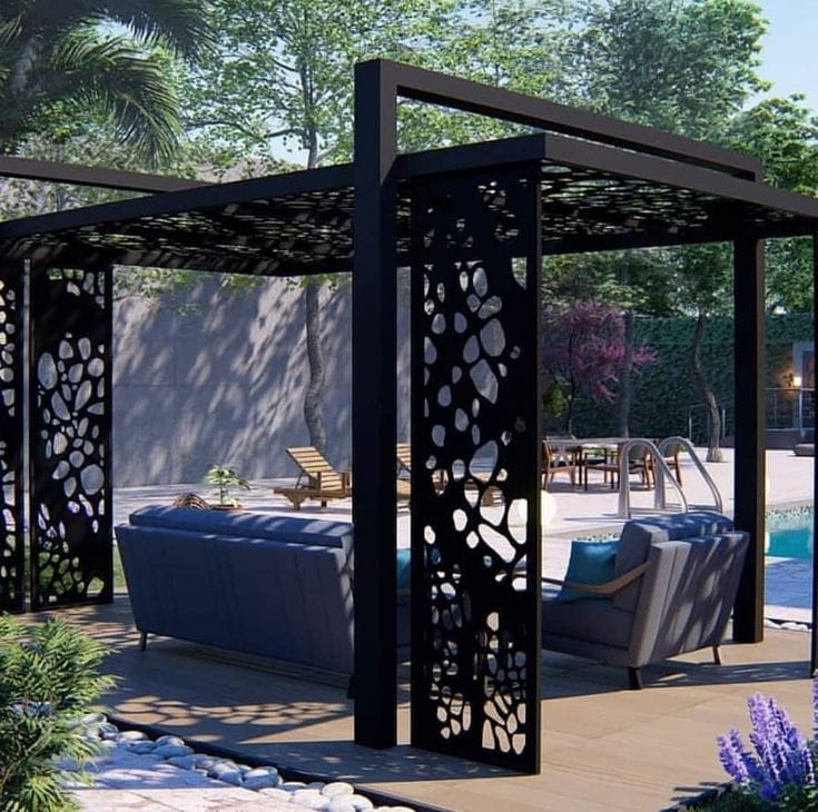 برجولة حديد قص ليزر للمسابح والحدائق – أنماط هندسية وفخامة مودرن